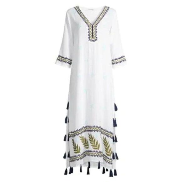 ROLLER RABBIT White Maxi Kaftan Dress Tassel Size S - Picture 2 of 6